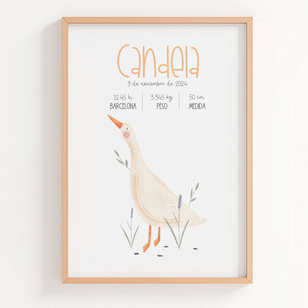 Lámina natalicio con datos del bebé y diseño de Oca. 