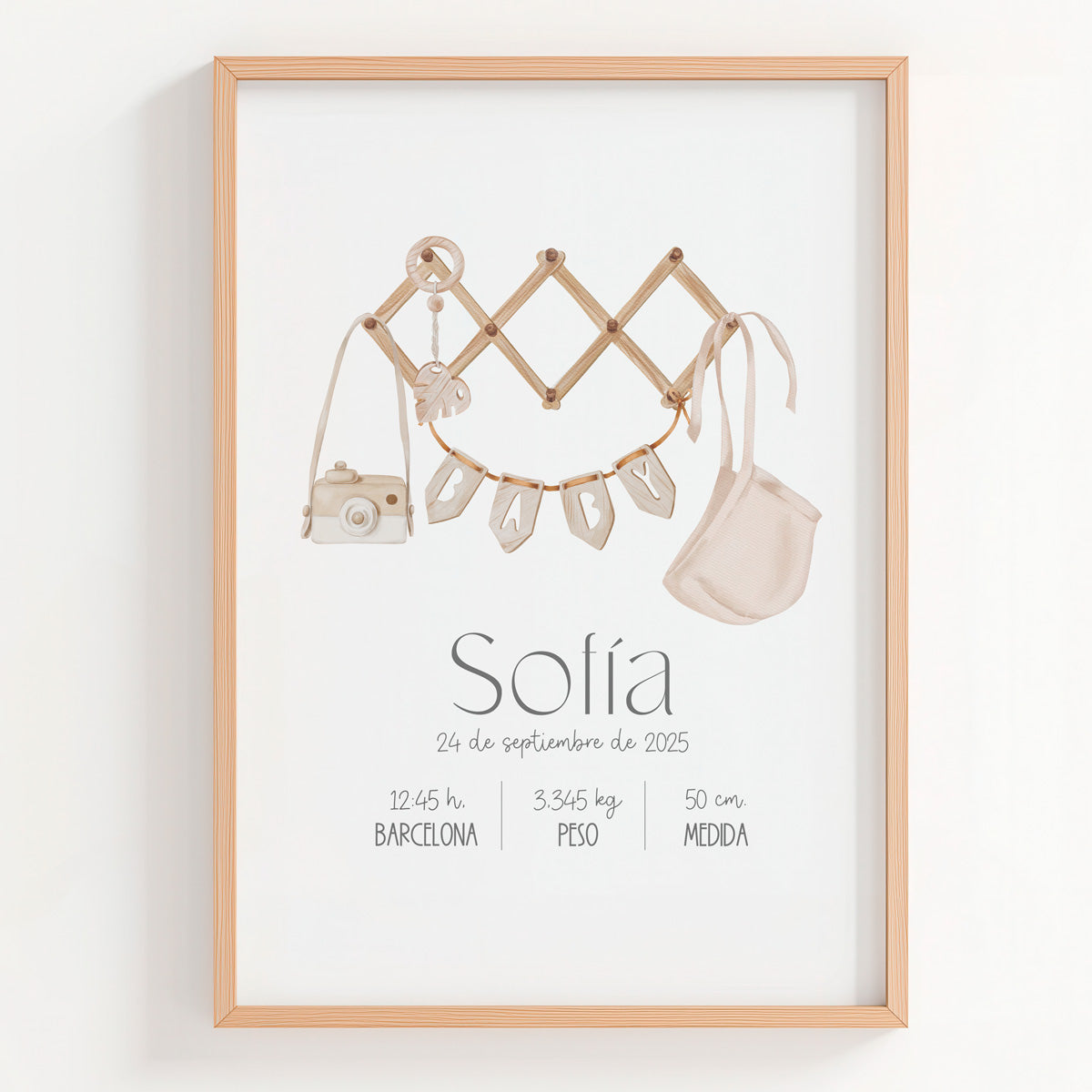Lámina natalicio personalizada MiCanastilla con ropa de niña, guirnalda baby y datos de nacimiento del bebé