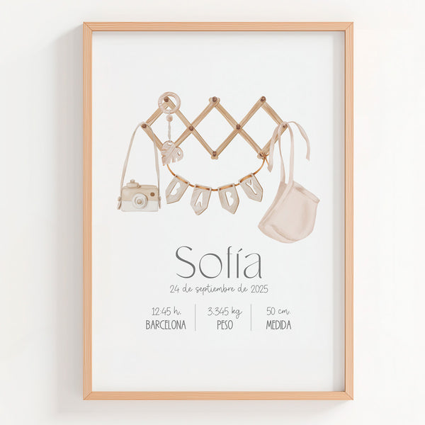 Lámina natalicio personalizada MiCanastilla con ropa de niña, guirnalda baby y datos de nacimiento del bebé