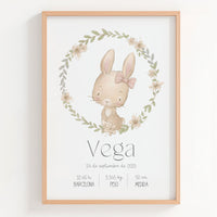 Lámina natalicio personalizada MiCobijo con conejita dentro de rosco floral