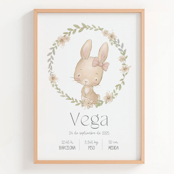 Lámina natalicio personalizada MiCobijo con conejita dentro de rosco floral