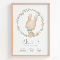 Lámina natalicio personalizada MiCobijo con conejito con pajarita azul dentro de rosco floral