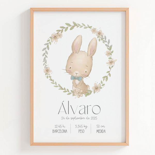 Lámina natalicio personalizada MiCobijo con conejito con pajarita azul dentro de rosco floral