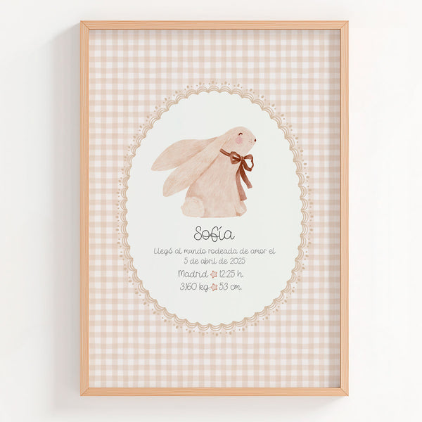 Lámina natalicio MiLlegada con conejo  y datos de nacimiento del bebé