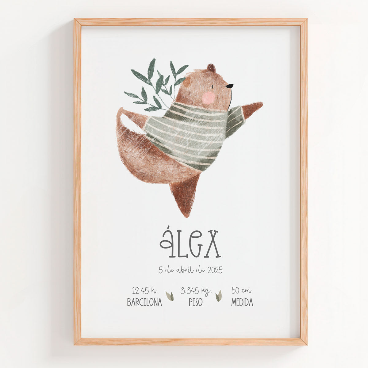Lámina natalicio con osito haciendo yoga y datos de nacimiento
