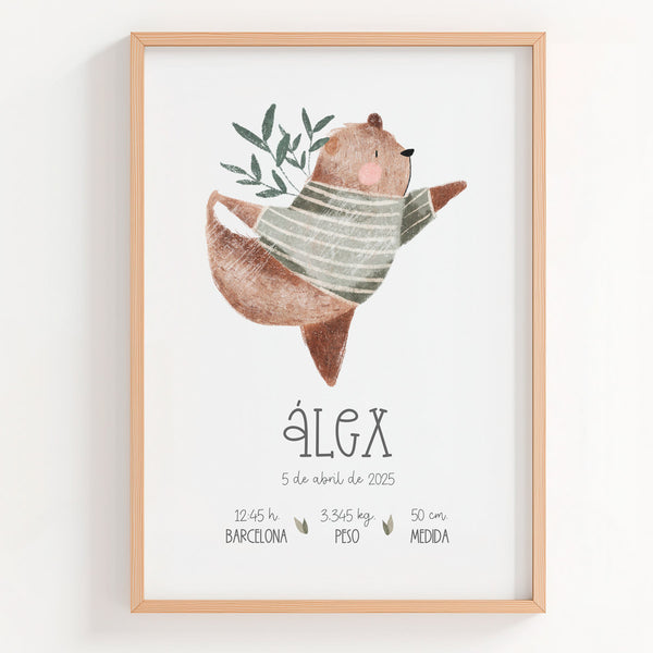 Lámina natalicio con osito haciendo yoga y datos de nacimiento