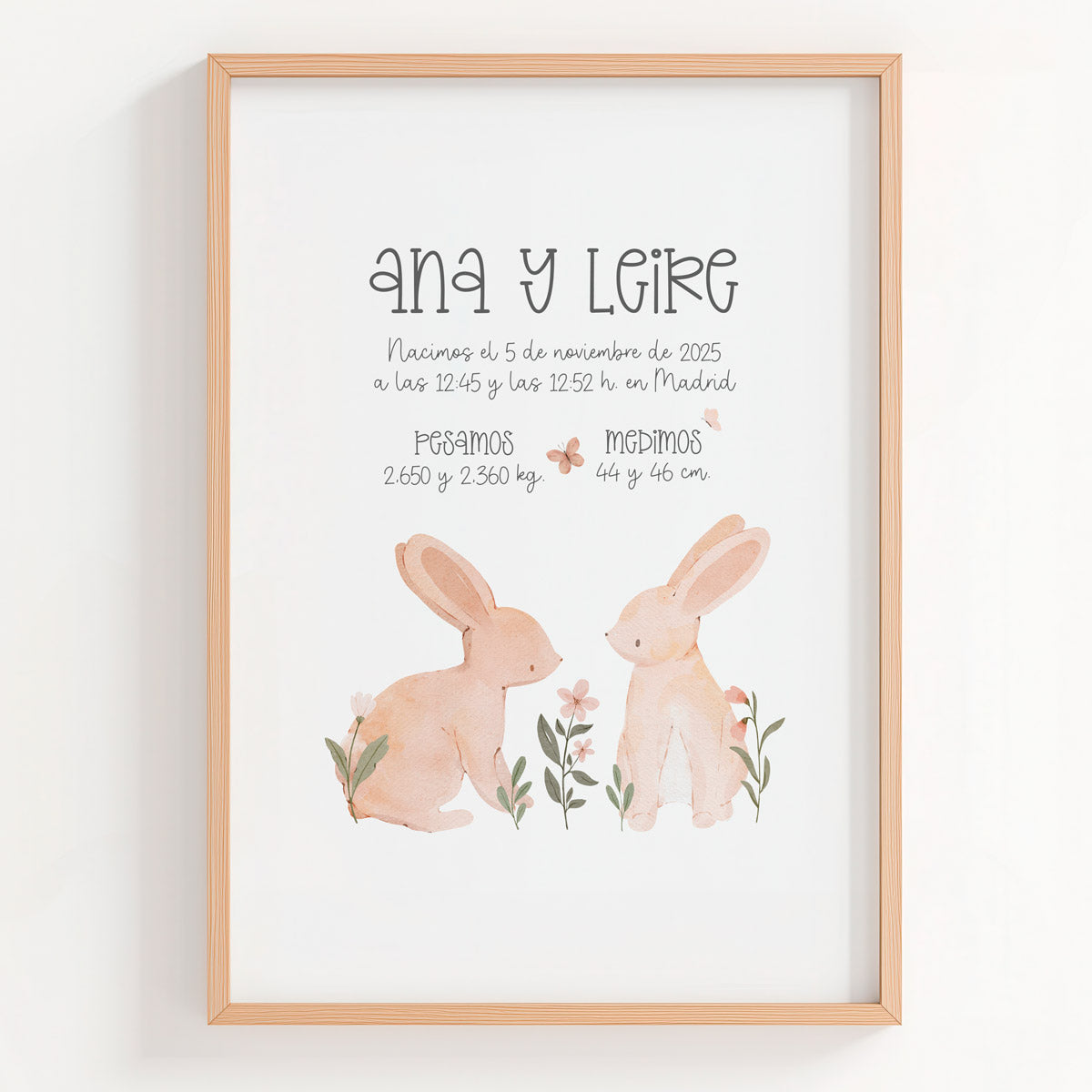 Lámina natalicio personalizada con ilustración de conejitos perfecta para gemelos, gemelas o hermanos. 