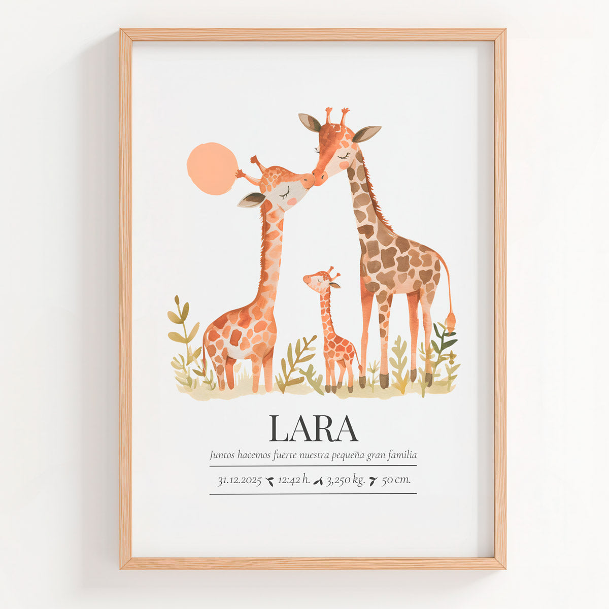 Lámina natalicio MiFamilia con jirafas papá y mamá con bebé y datos de nacimiento del bebé