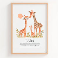 Lámina natalicio MiFamilia con jirafas papá y mamá con bebé y datos de nacimiento del bebé