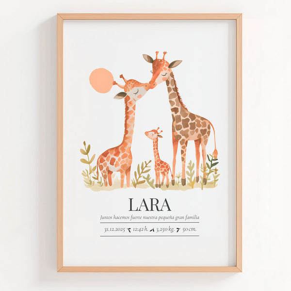 Lámina natalicio MiFamilia con jirafas papá y mamá con bebé y datos de nacimiento del bebé