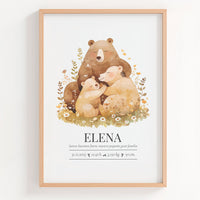 Lámina natalicio MiFamilia con osos padres y osezno y datos de nacimiento del bebé