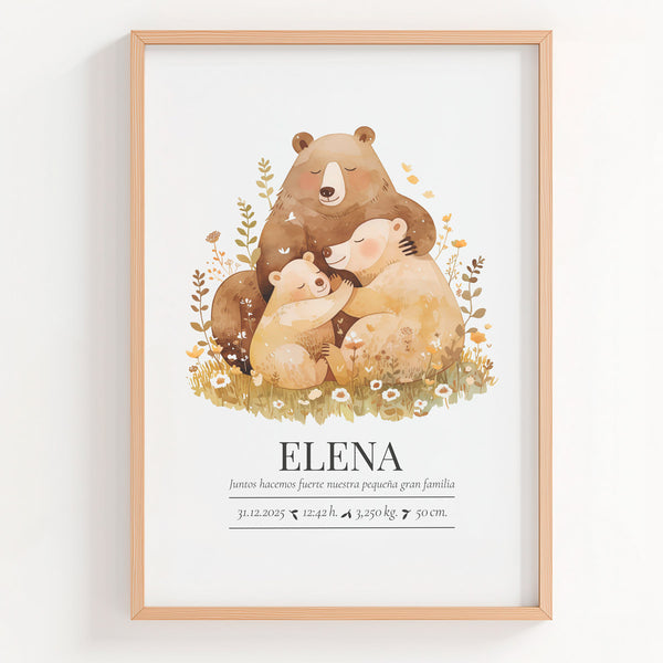 Lámina natalicio MiFamilia con osos padres y osezno y datos de nacimiento del bebé