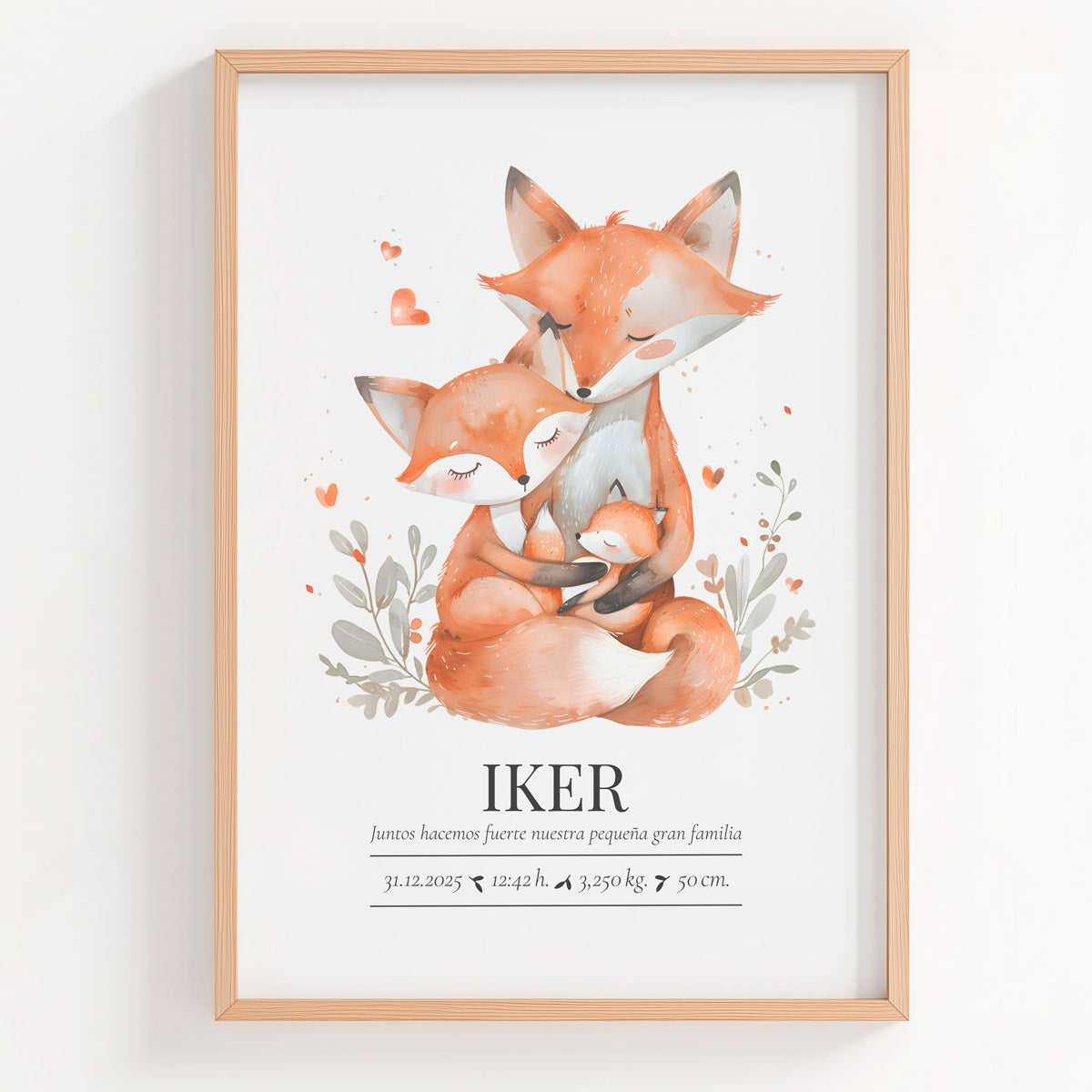 Lámina natalicio personalizada MiFamilia con papá y mamá zorro y su cría y datos de nacimiento del bebé
