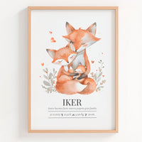 Lámina natalicio personalizada MiFamilia con papá y mamá zorro y su cría y datos de nacimiento del bebé