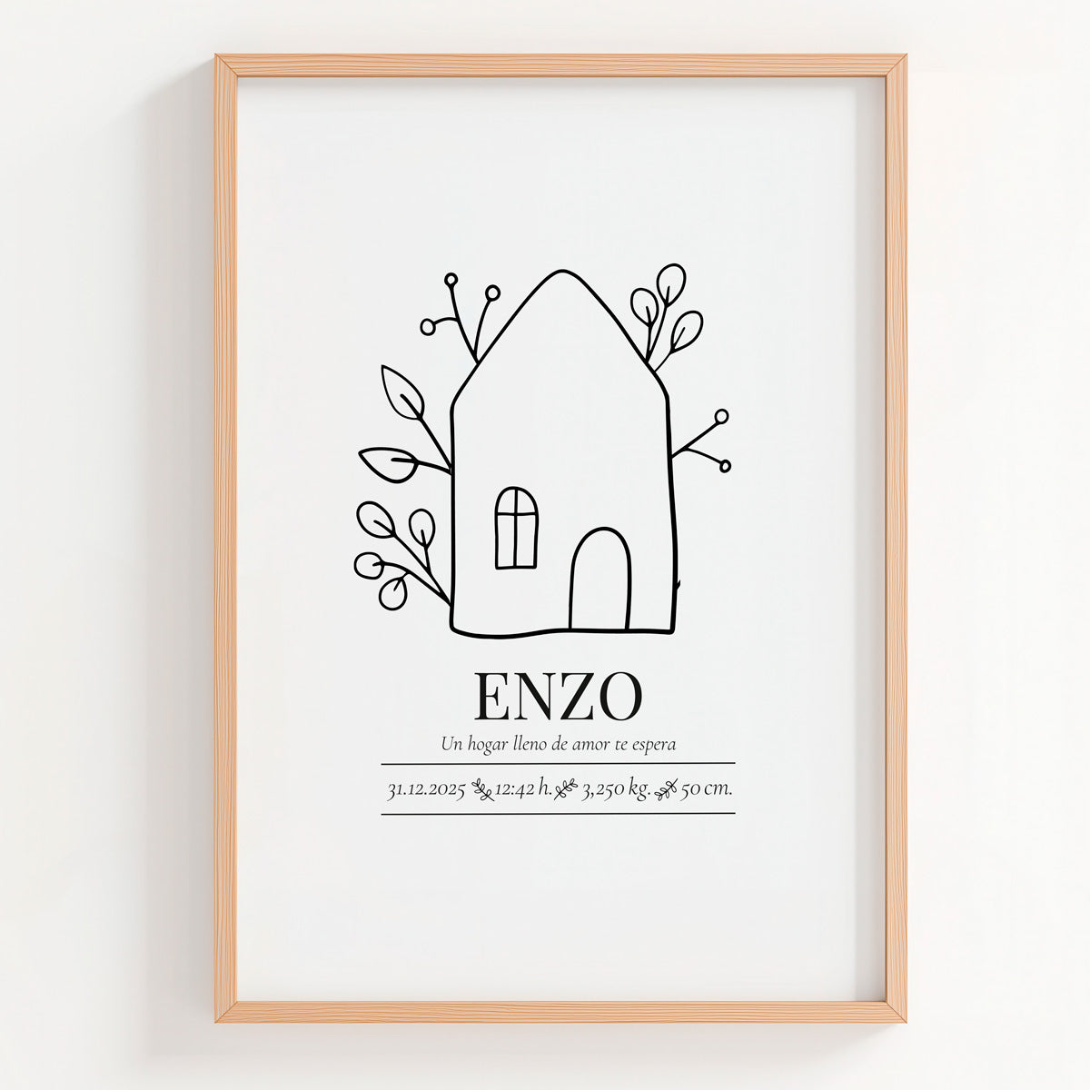 Lámina natalicio personalizada MiHogar con casa rodeada de flores en blanco y negro