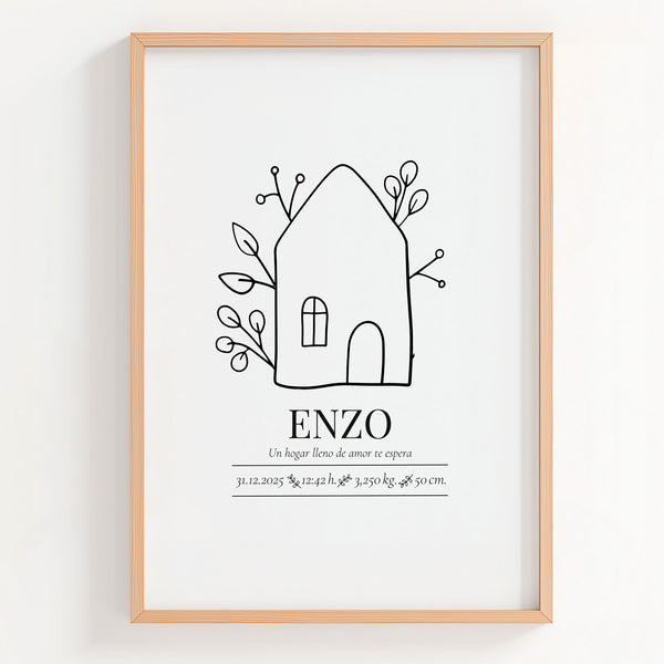 Lámina natalicio personalizada MiHogar con casa rodeada de flores en blanco y negro