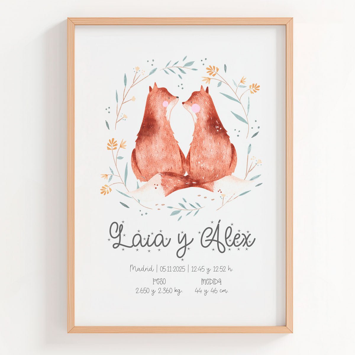 Lámina natalicio personalizada con ilustración de zorros perfecta para gemelos, gemelas o hermanos. 