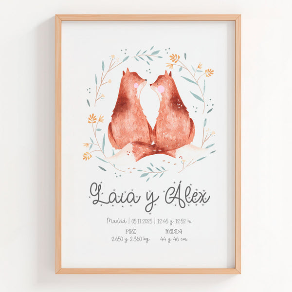 Lámina natalicio personalizada con ilustración de zorros perfecta para gemelos, gemelas o hermanos. 