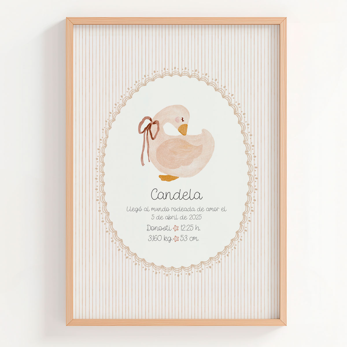 Lámina natalicio personalizada MiLlegada con oca en tonos beis y datos de nacimiento del bebé
