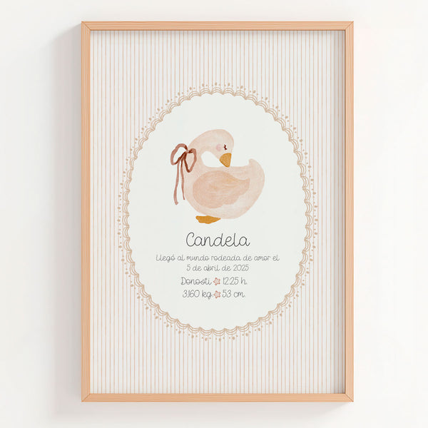 Lámina natalicio personalizada MiLlegada con oca en tonos beis y datos de nacimiento del bebé