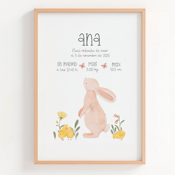 Lámina natalicio personalizada con conejito de acuarela y datos de nacimiento