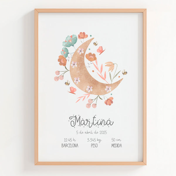 Lámina Natalicio MiLuz con diseño de luna con flores. 