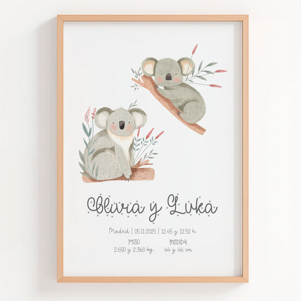 Lámina natalicio personalizada con ilustración de koalas perfecta para gemelos, gemelas o hermanos. 
