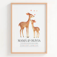 Lámina natalicio personalizada MiRefugio con mamá y bebé ciervo y datos de nacimiento del bebé