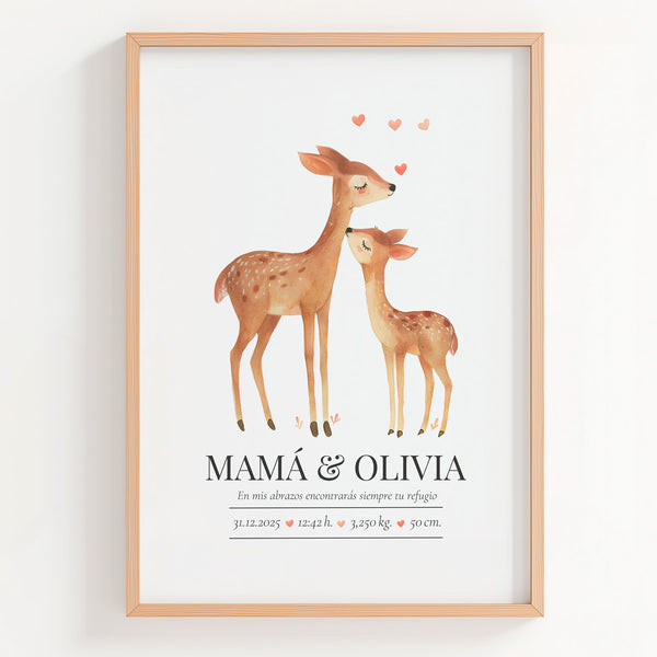 Lámina natalicio personalizada MiRefugio con mamá y bebé ciervo y datos de nacimiento del bebé