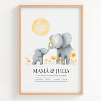 Lámina natalicio MiRefugio con mamá elefante y su bebé y datos de nacimiento del bebé