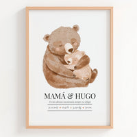 Lámina natalicio MiRefugio con mamá oso y su cría y datos de nacimiento del bebé