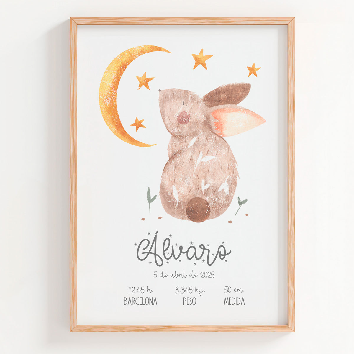 Lámina natalicio personalizada MiUniverso con un conejito y datos de nacimiento del bebé