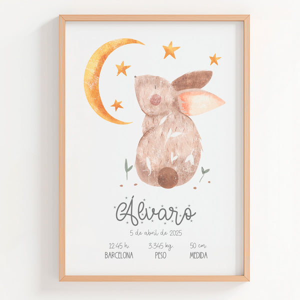 Lámina natalicio personalizada MiUniverso con un conejito y datos de nacimiento del bebé