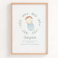 Lámina natalicio personalizada MiBebé con mantita azul en rosco de ramas