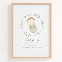 Lámina natalicio personalizada MiBebé con mantita beis en rosco de ramas