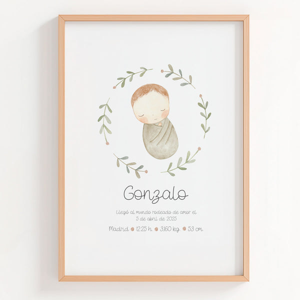 Lámina natalicio personalizada MiBebé con mantita beis en rosco de ramas