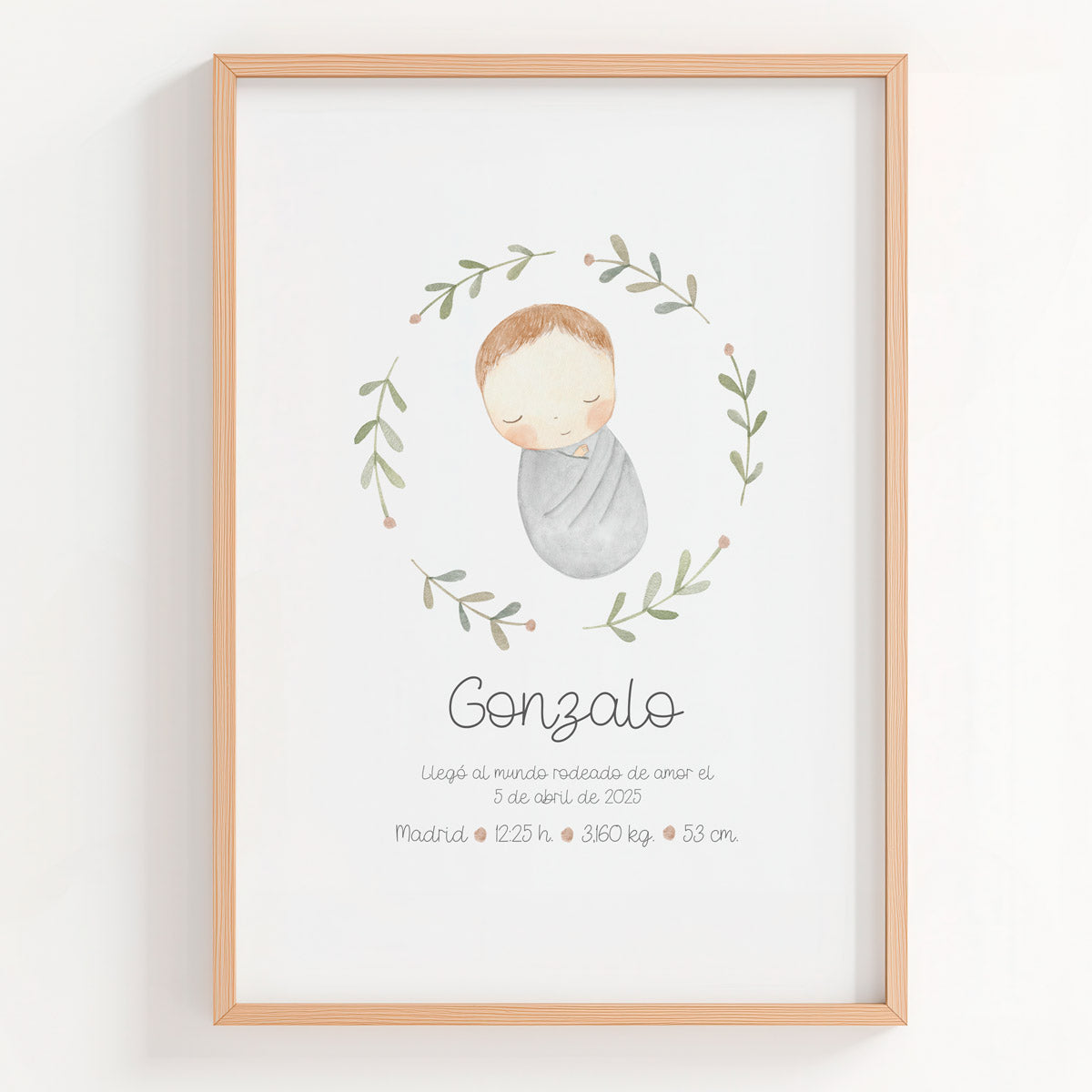 Lámina natalicio personalizada MiBebé con mantita gris en rosco de ramas