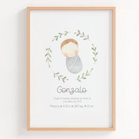 Lámina natalicio personalizada MiBebé con mantita gris en rosco de ramas