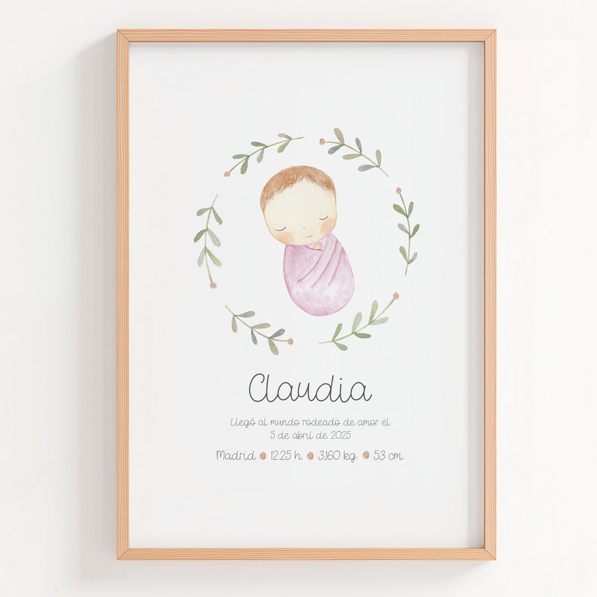 Lámina natalicio personalizada MiBebé con mantita lila en rosco de ramas