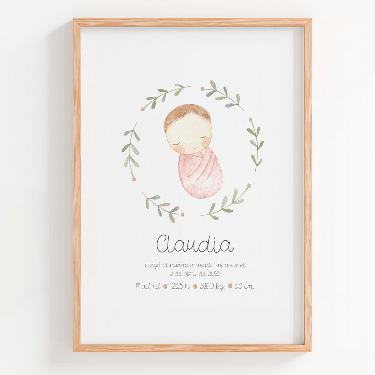 Lámina natalicio personalizada MiBebé con mantita rosa en rosco de ramas
