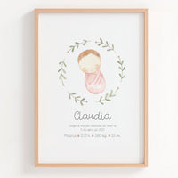 Lámina natalicio personalizada MiBebé con mantita rosa en rosco de ramas