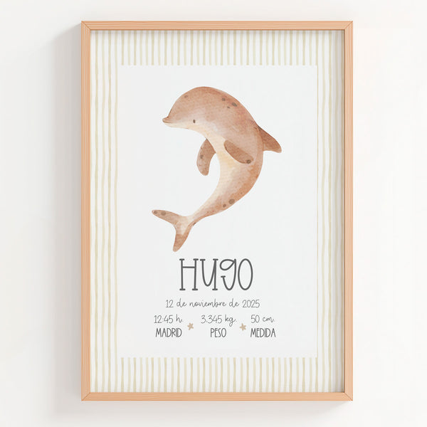 Lámina natalicio Mi-Calma con delfín en tonos neutros y fondo de rayas y datos de nacimiento del bebé