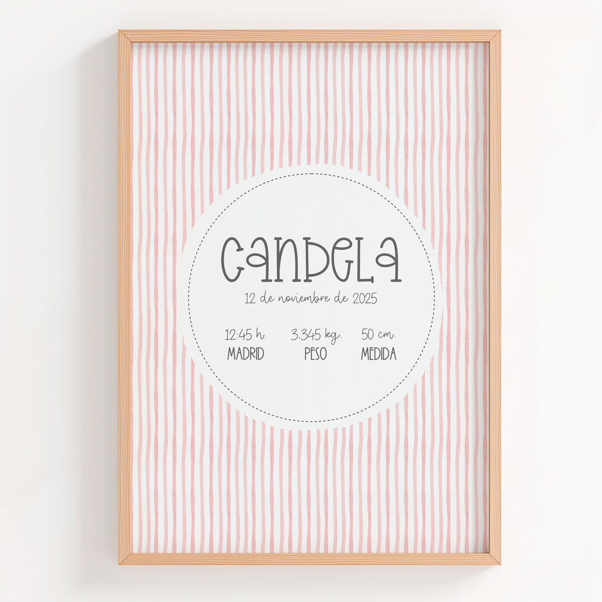 Lámina natalicio personalizada MiEsencia con fondo de rayas acuarela rosa