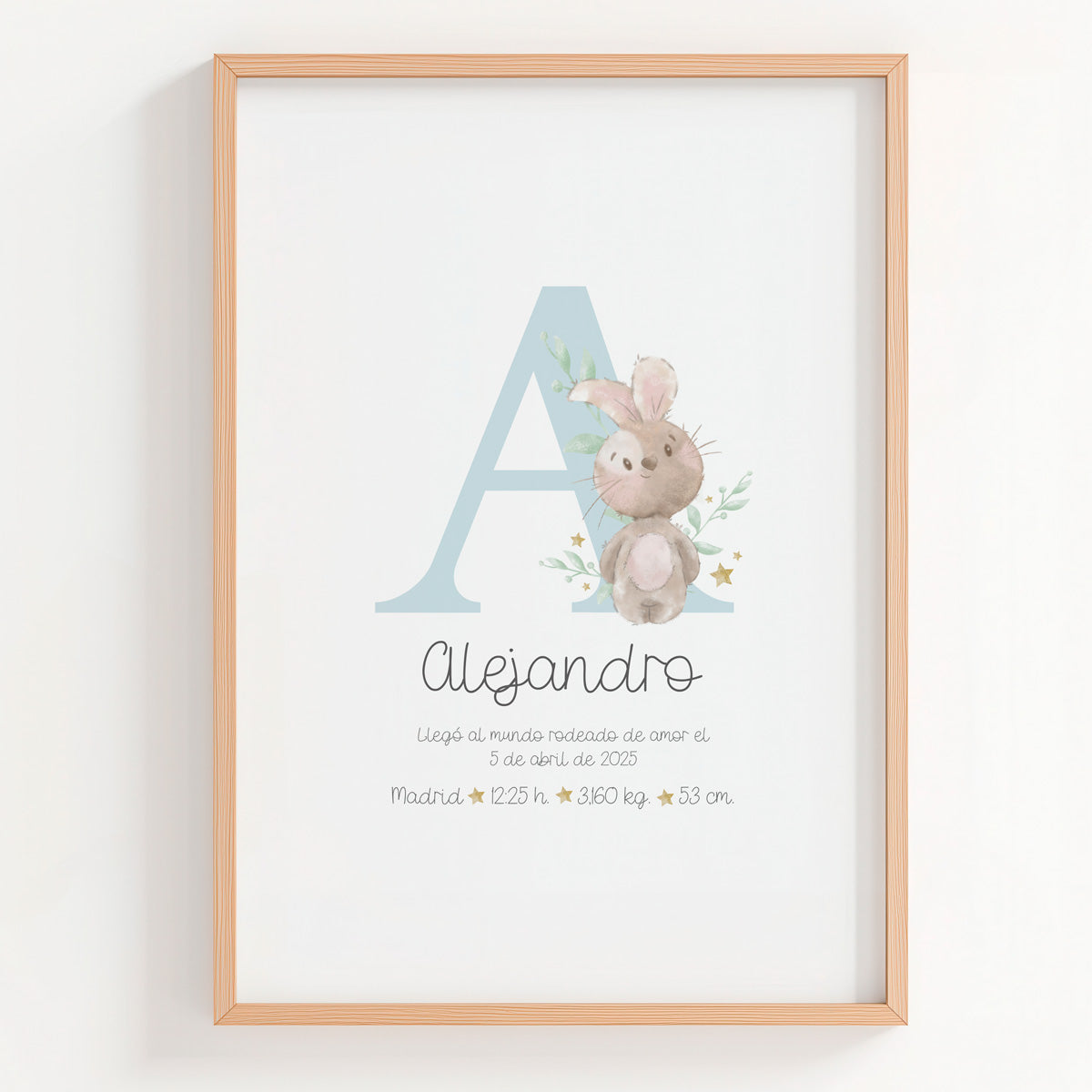 Lámina natalicio personalizada con inicial conejito en color azul