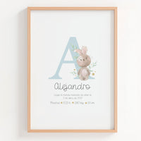 Lámina natalicio personalizada con inicial conejito en color azul