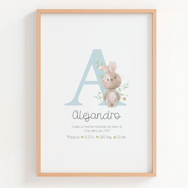 Lámina natalicio personalizada con inicial conejito en color azul