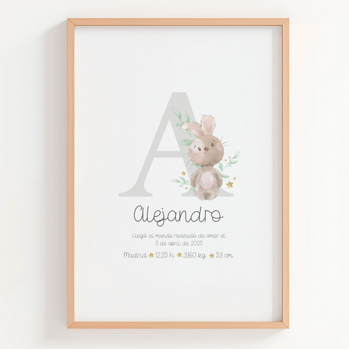 Lámina natalicio personalizada con inicial conejito en color gris