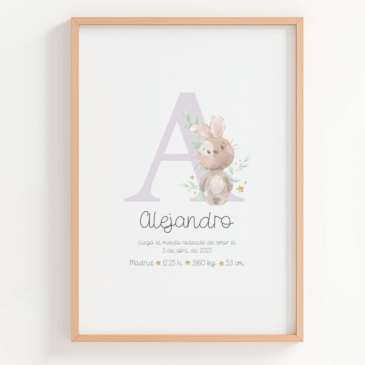 Lámina natalicio personalizada con inicial conejito en color lila