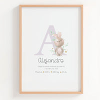 Lámina natalicio personalizada con inicial conejito en color lila