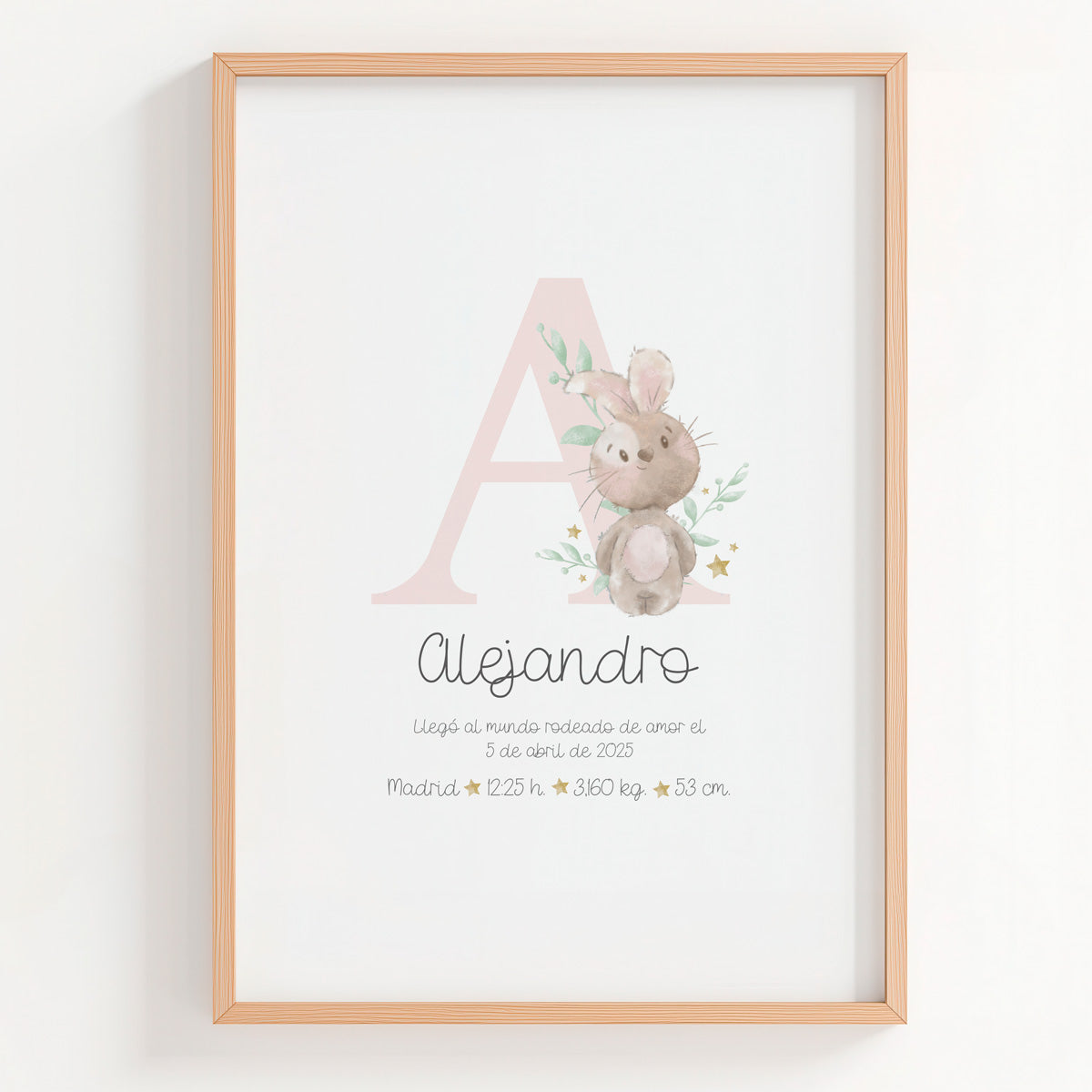 Lámina natalicio personalizada con inicial conejito en color lila